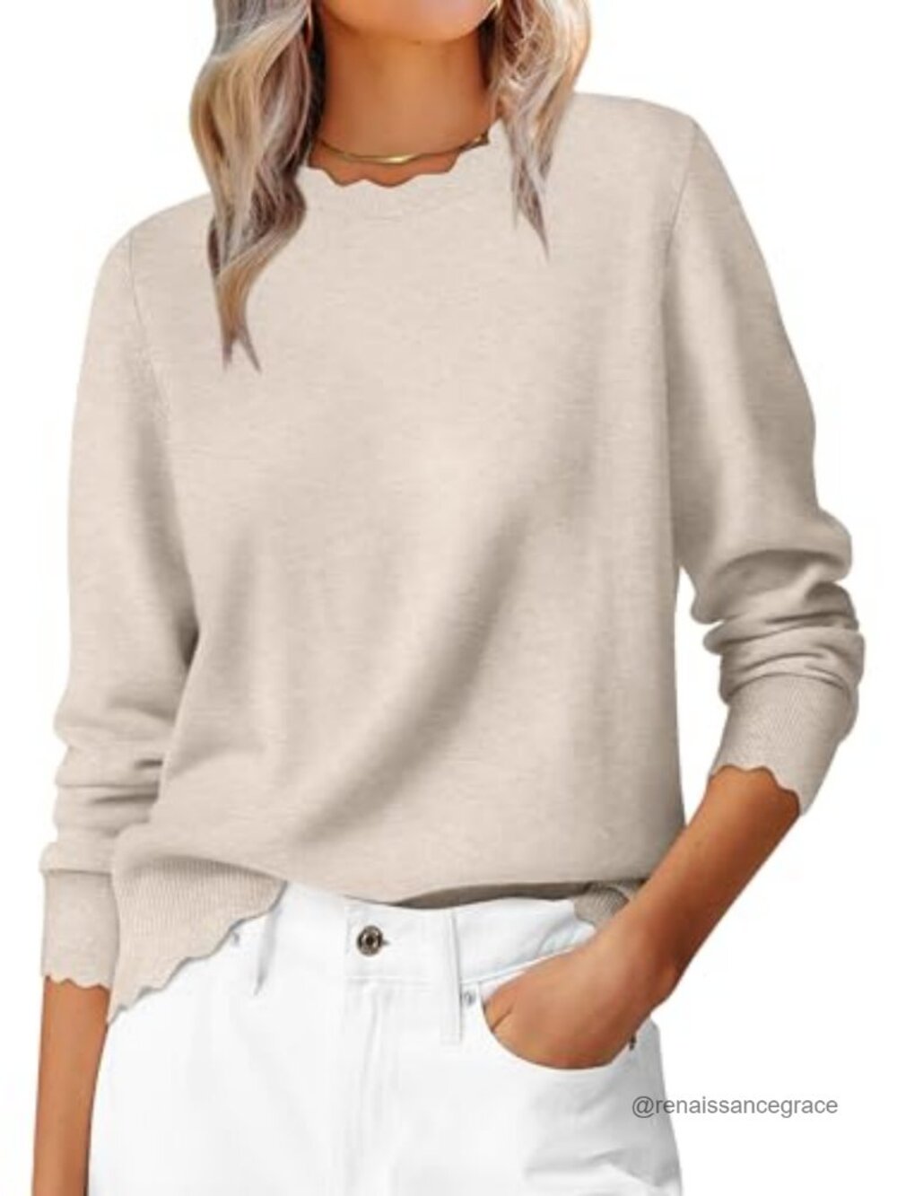 Lightweight Scallop Edge Crew Neck Pullover Sweater